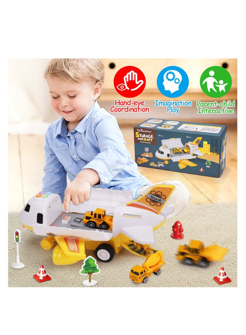 Airplane Toy Set with Mini Construction Cars and Helicopter, Toddler Transport Vehicle Playset, Aircraft Carrier with Lights and Sounds, Perfect Gift for Kids Aged 2 and Up.