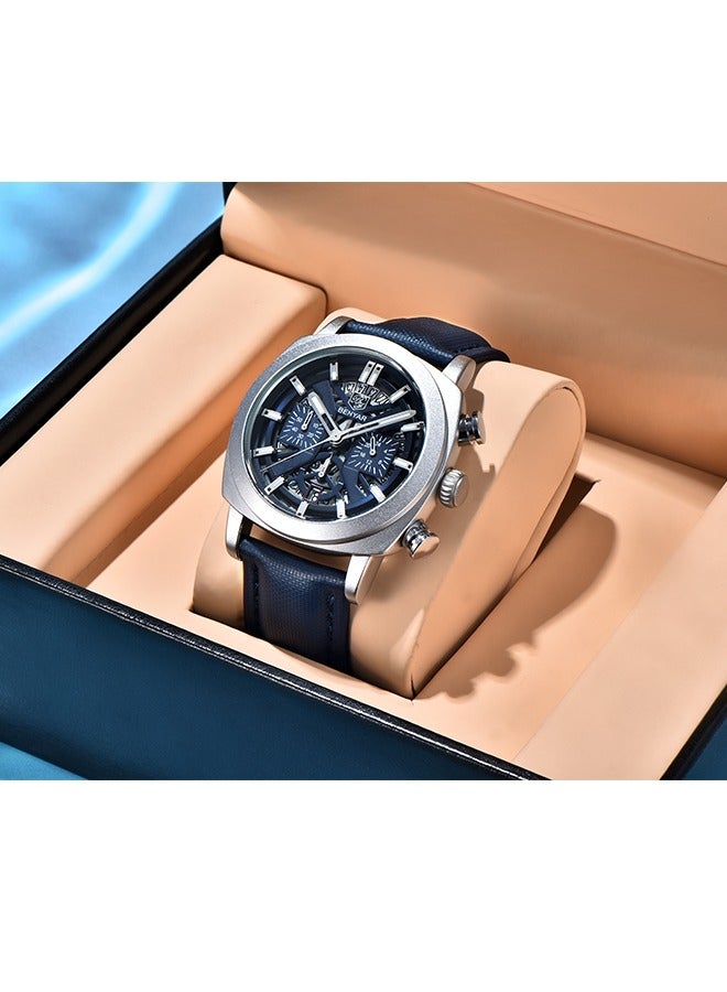 Men's Quartz Watches 43MM Silver Metal Frame Blue Dial Leather Blue Strap Casual And Fashionable BY5205