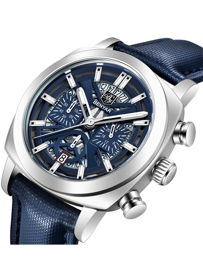 Men's Quartz Watches 43MM Silver Metal Frame Blue Dial Leather Blue Strap Casual And Fashionable BY5205