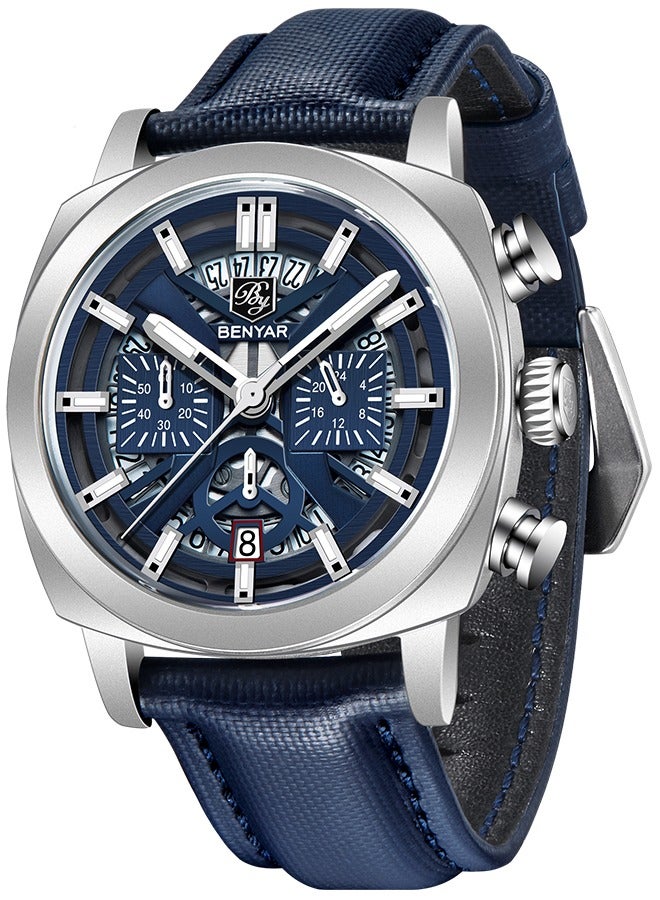 Men's Quartz Watches 43MM Silver Metal Frame Blue Dial Leather Blue Strap Casual And Fashionable BY5205