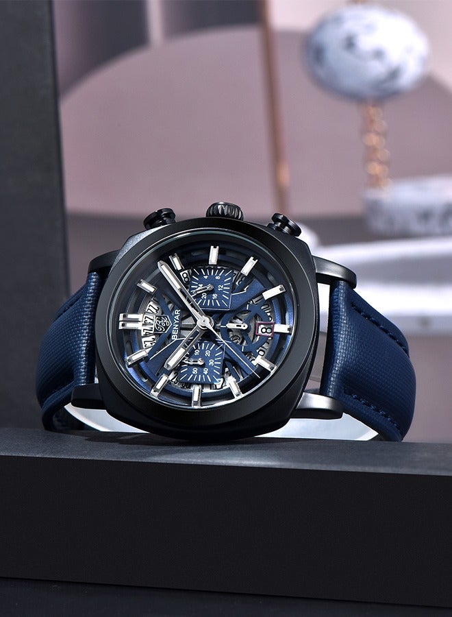 Men's Quartz Watches 43MM Black Metal Frame Blue Dial Leather Blue Strap Sports Waterproof Chronograph Fashion Business Watches BY5205