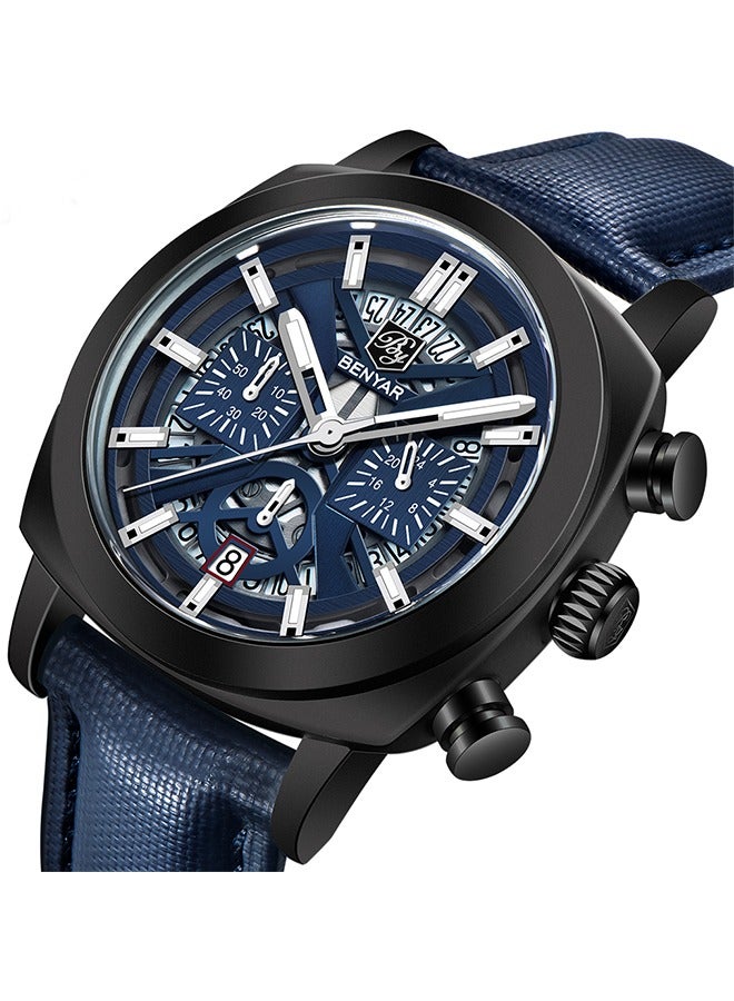 Men's Quartz Watches 43MM Black Metal Frame Blue Dial Leather Blue Strap Sports Waterproof Chronograph Fashion Business Watches BY5205