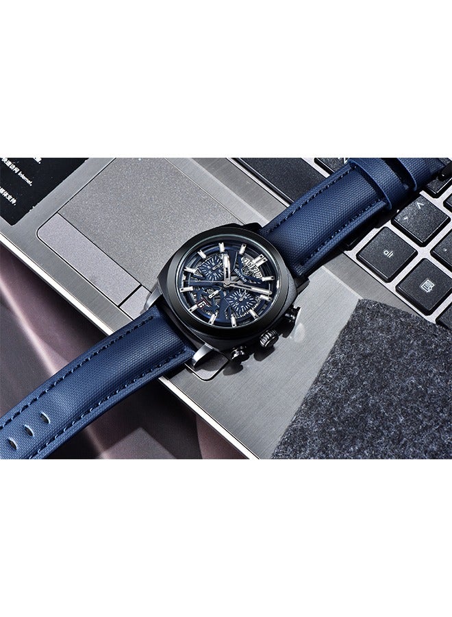 Men's Quartz Watches 43MM Black Metal Frame Blue Dial Leather Blue Strap Sports Waterproof Chronograph Fashion Business Watches BY5205