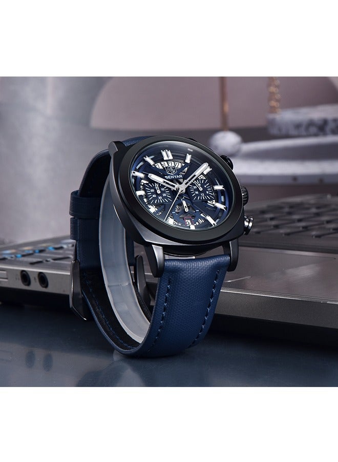 Men's Quartz Watches 43MM Black Metal Frame Blue Dial Leather Blue Strap Sports Waterproof Chronograph Fashion Business Watches BY5205