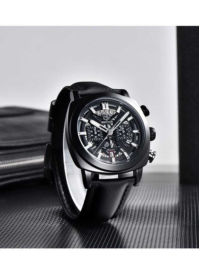 Men's Quartz Watches 43MM Black Metal Frame All Black Dial Leather Black Strap Sports Waterproof Chronograph Fashion Business Watchws BY5205