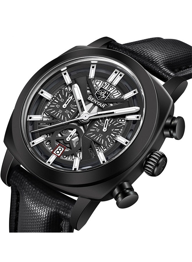 Men's Quartz Watches 43MM Black Metal Frame All Black Dial Leather Black Strap Sports Waterproof Chronograph Fashion Business Watchws BY5205