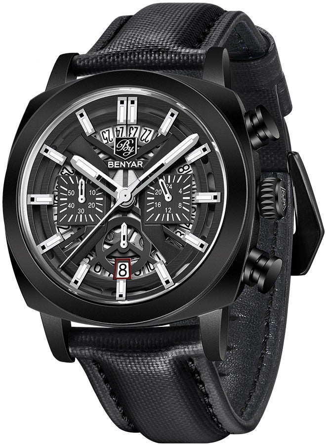 Men's Quartz Watches 43MM Black Metal Frame All Black Dial Leather Black Strap Sports Waterproof Chronograph Fashion Business Watchws BY5205