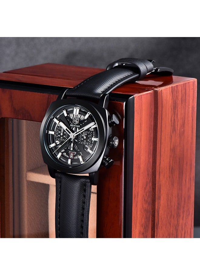 Men's Quartz Watches 43MM Black Metal Frame All Black Dial Leather Black Strap Sports Waterproof Chronograph Fashion Business Watchws BY5205