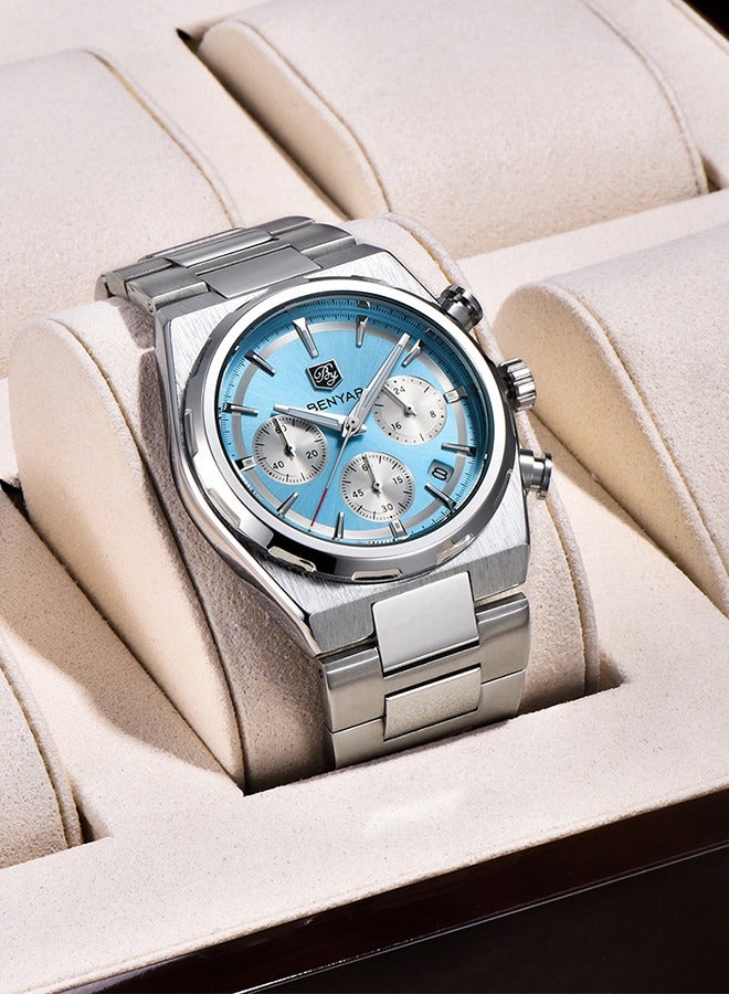 Men's Quartz Watches Stainless Steel Structure Ice Blue Dial Silver Steel Strap Sports Waterproof Date Display Fashion Business BY5204