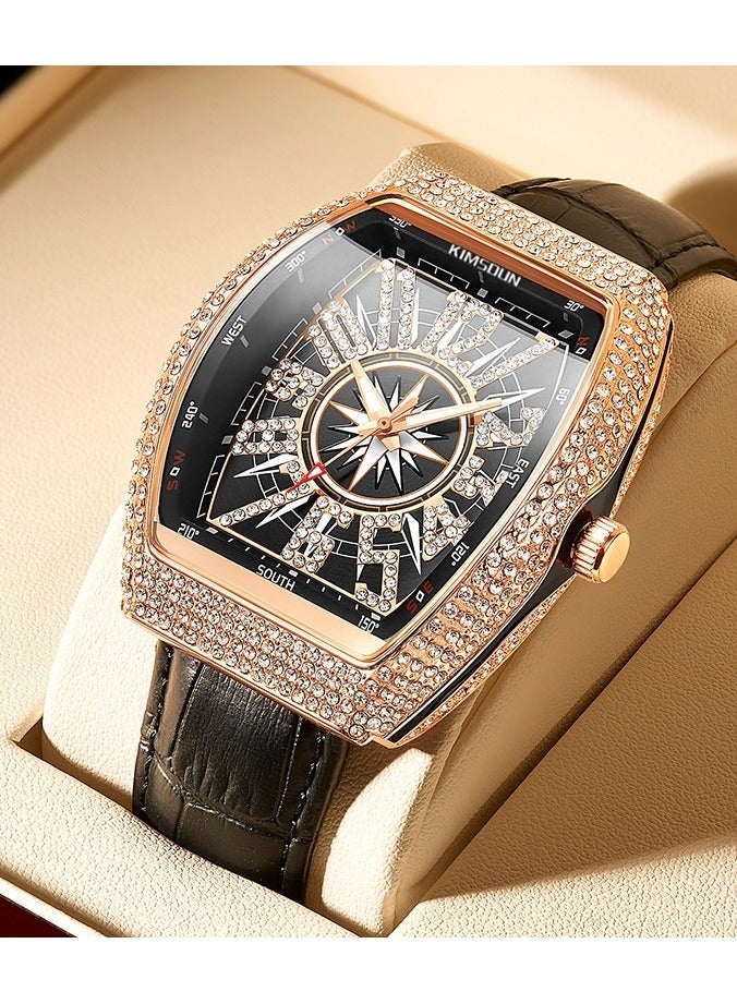 Men’s Luxury Barrel-Shaped Watch with Star Diamond Accents, Fashionable Waterproof Wristwatch for Business & Casual