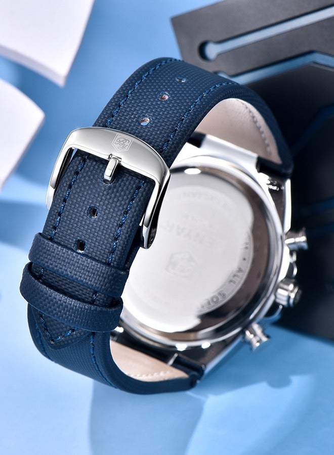 2024 New Men's Quartz Watches Sports Waterproof Chronograph Metal Frame Blue Leather Strap Fashion Casual BY5206