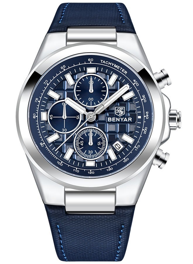 2024 New Men's Quartz Watches Sports Waterproof Chronograph Metal Frame Blue Leather Strap Fashion Casual BY5206