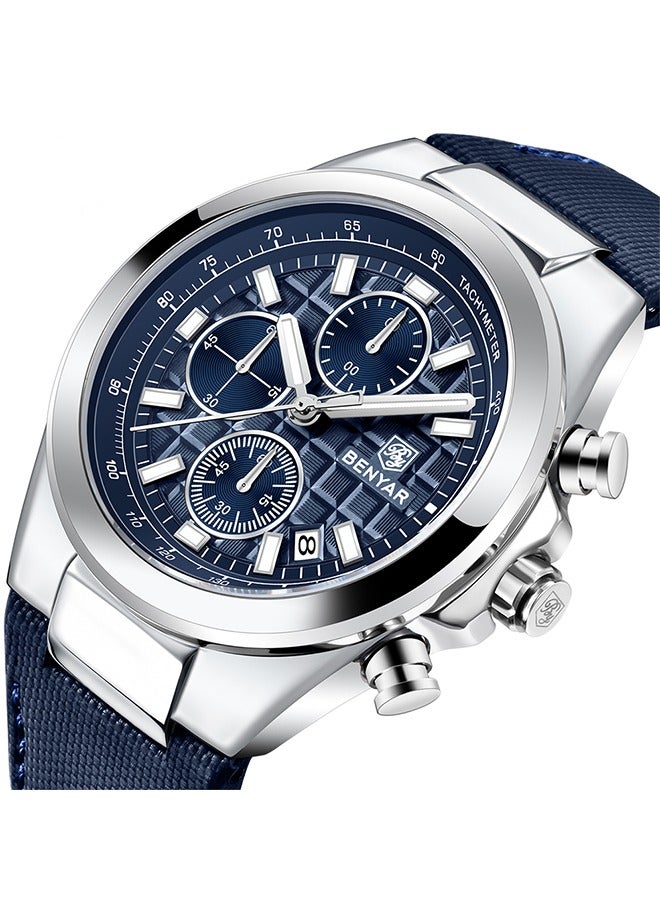 2024 New Men's Quartz Watches Sports Waterproof Chronograph Metal Frame Blue Leather Strap Fashion Casual BY5206