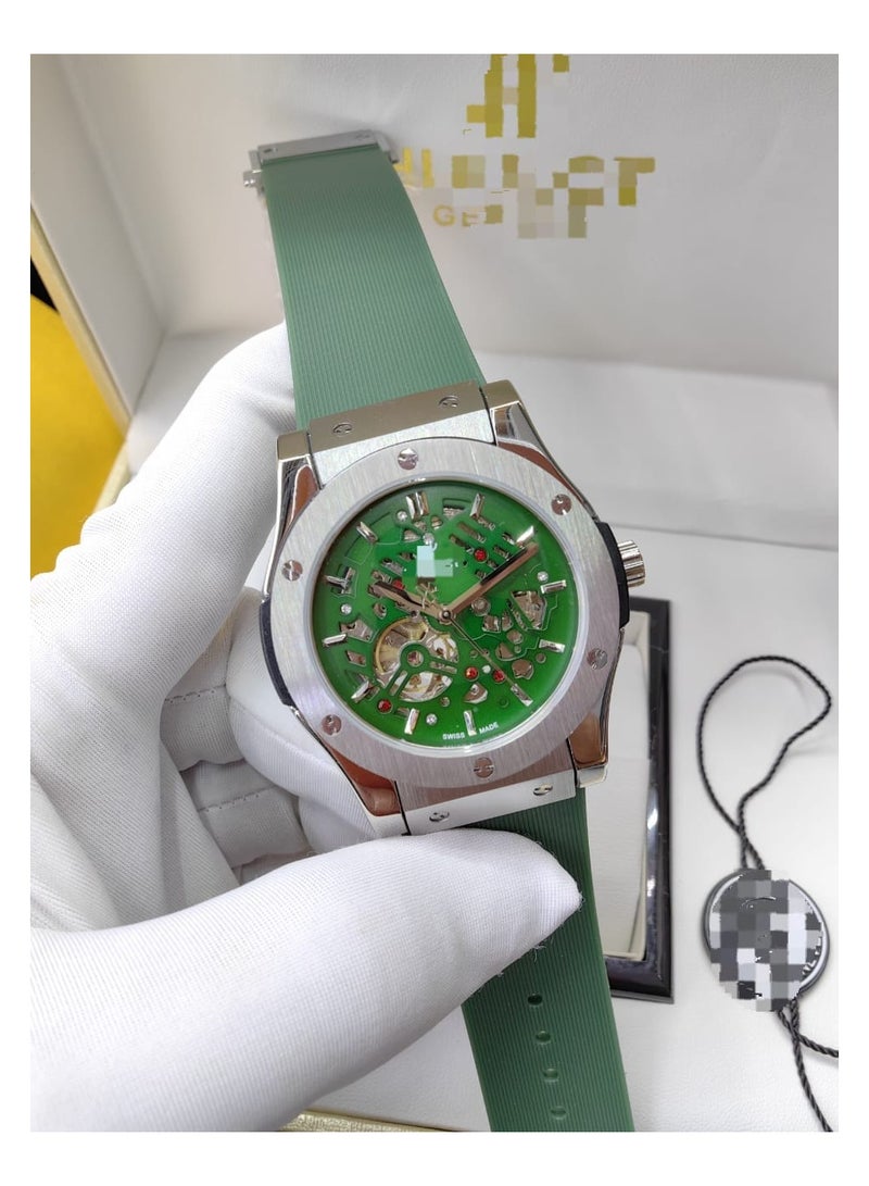 Swiss Made Green Skeleton Dial Luxury Watch with Green Strap