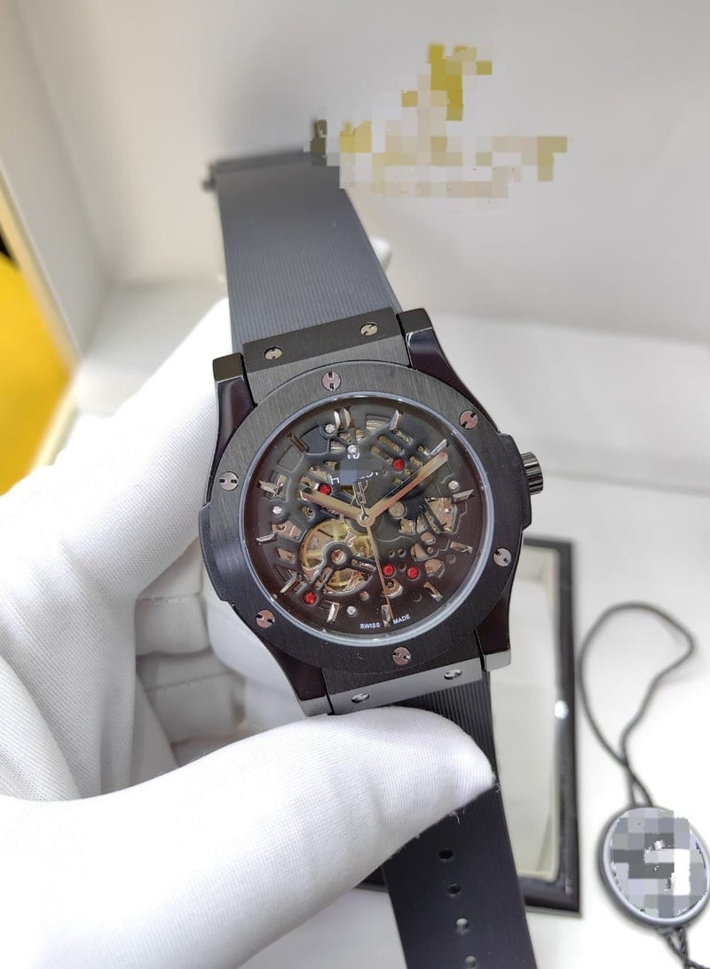 Black Skeleton Dial Swiss Made Luxury Watch with Rubber Strap