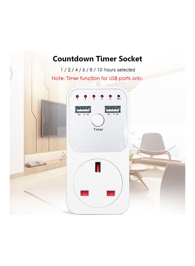 230V Countdown Timer Socket with 2 USB Ports White