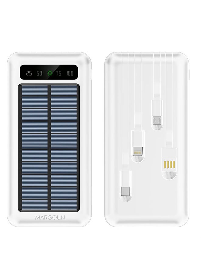 10000 mAh Solar Power Bank Big Capacity Phone Charging Powerbank with Cable External Battery Phone Fast Charger White