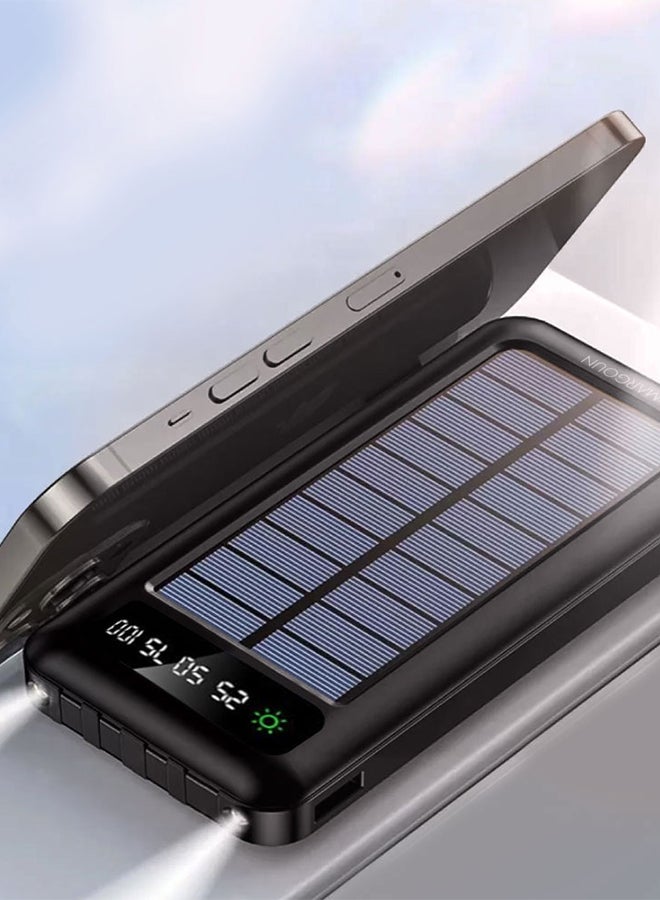 10000 mAh Solar Power Bank Big Capacity Phone Charging Powerbank with Cable External Battery Phone Fast Charger Black