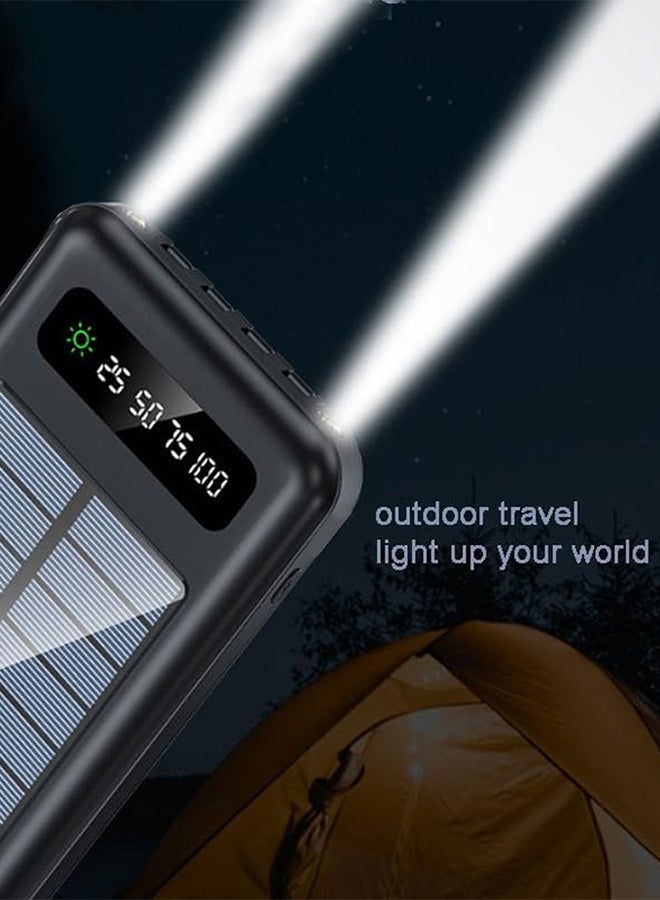 10000 mAh Solar Power Bank Big Capacity Phone Charging Powerbank with Cable External Battery Phone Fast Charger Black