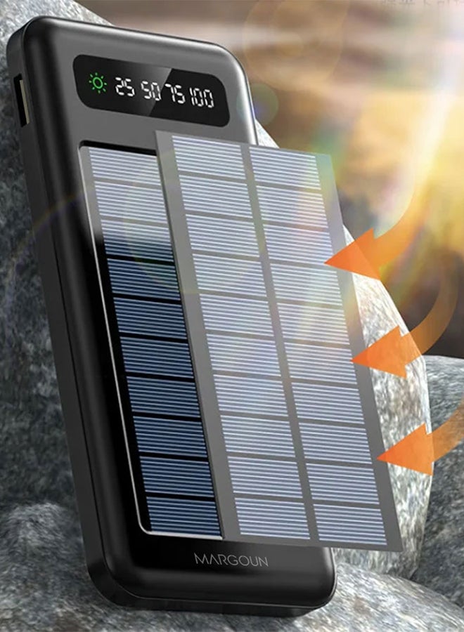 10000 mAh Solar Power Bank Big Capacity Phone Charging Powerbank with Cable External Battery Phone Fast Charger Black