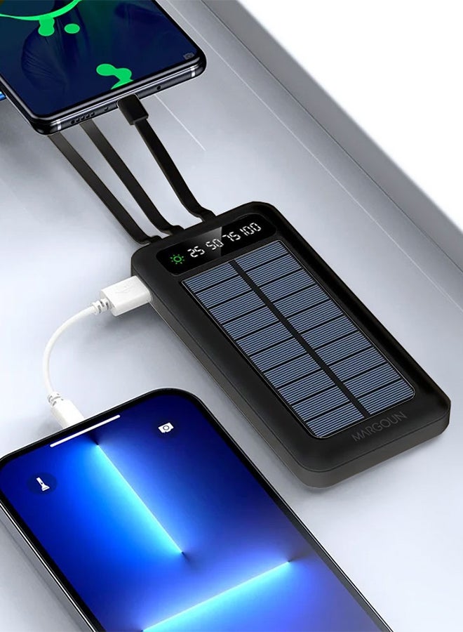 10000 mAh Solar Power Bank Big Capacity Phone Charging Powerbank with Cable External Battery Phone Fast Charger Black