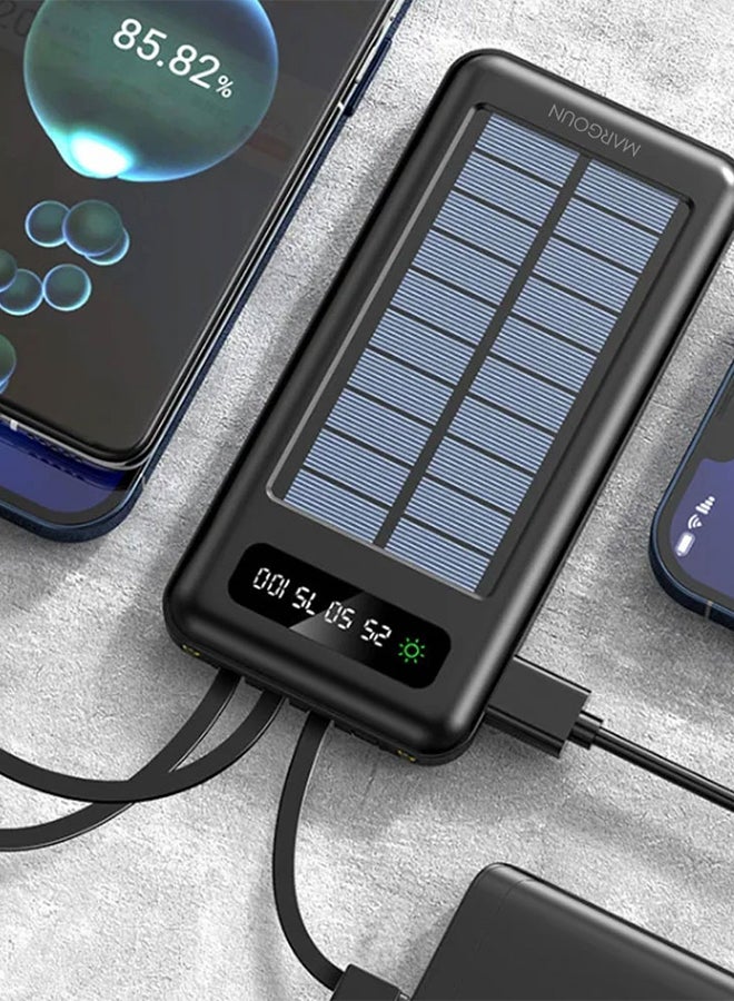 10000 mAh Solar Power Bank Big Capacity Phone Charging Powerbank with Cable External Battery Phone Fast Charger Black