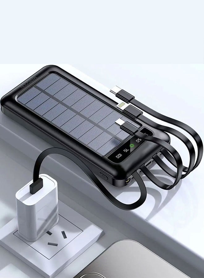 10000 mAh Solar Power Bank Big Capacity Phone Charging Powerbank with Cable External Battery Phone Fast Charger Black