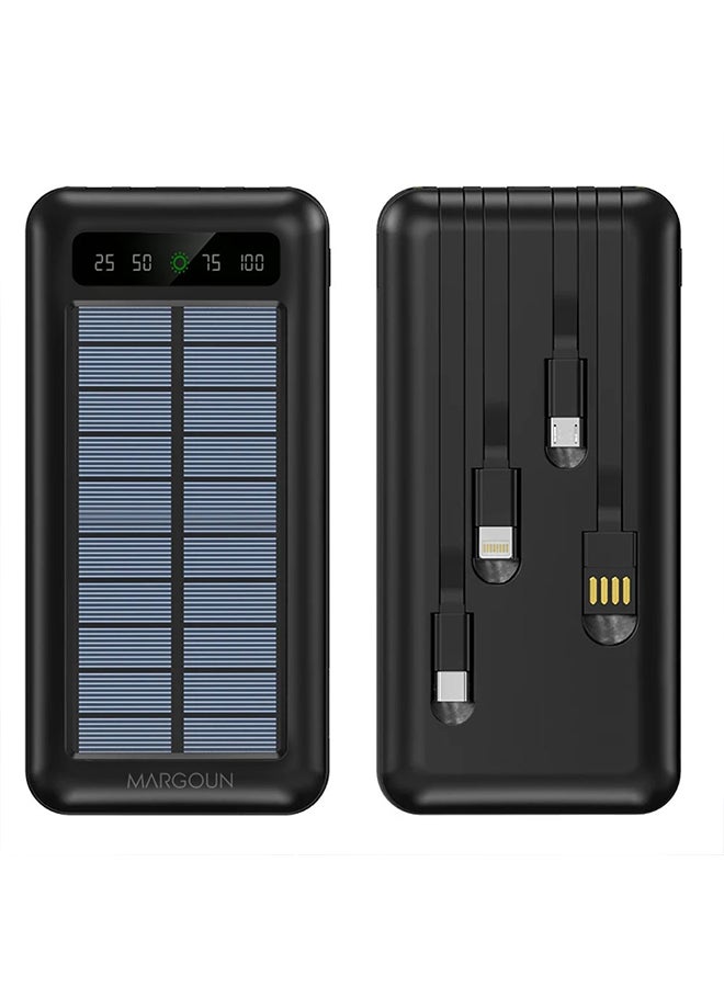 10000 mAh Solar Power Bank Big Capacity Phone Charging Powerbank with Cable External Battery Phone Fast Charger Black