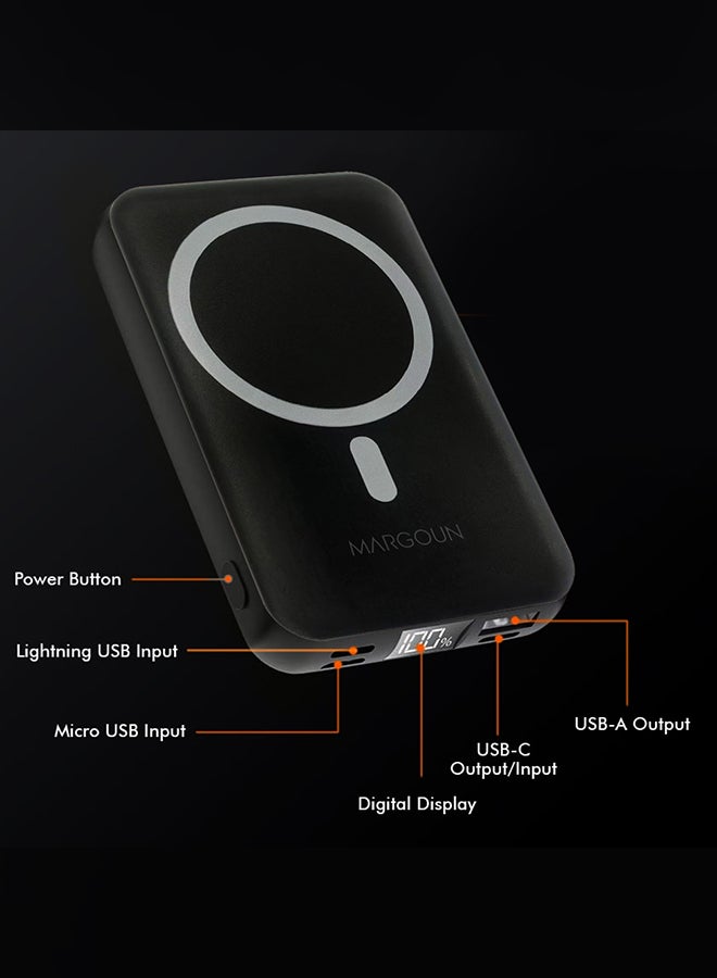 10000 mAh Magnetic Battery Pack Wireless Charging Power Bank with Cable Slim Light-Weight Wireless Charger with LED Indicator Black