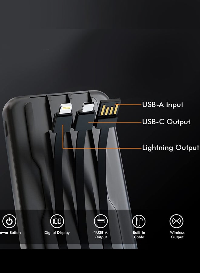 10000 mAh Magnetic Battery Pack Wireless Charging Power Bank with Cable Slim Light-Weight Wireless Charger with LED Indicator Black