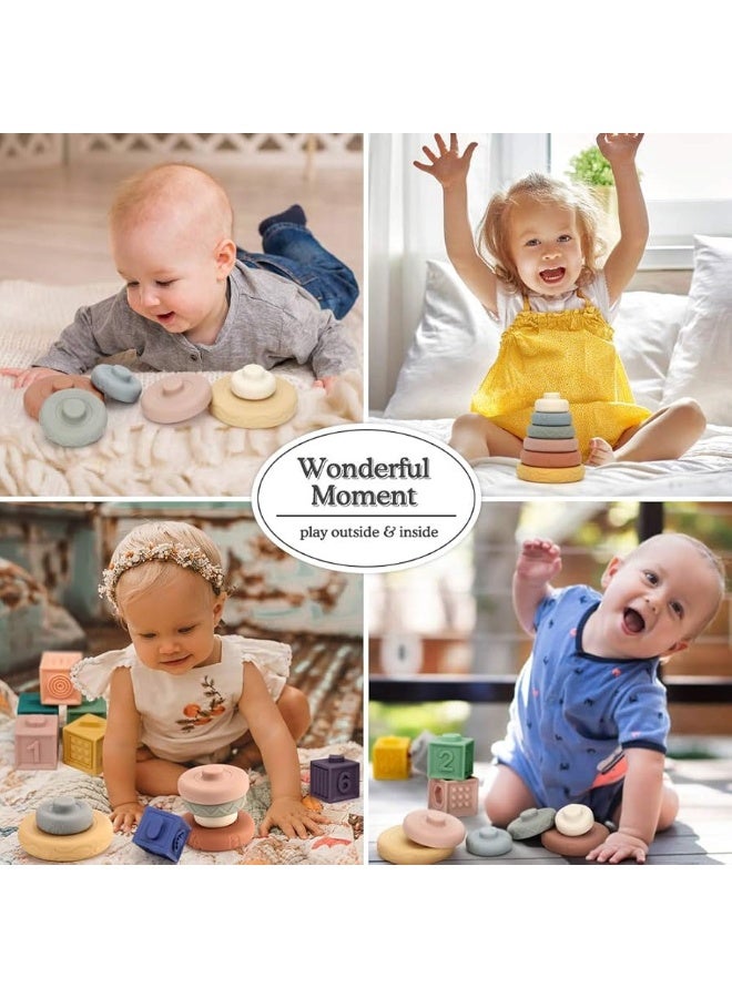 Mini Tudou 6 PCS Baby Stacking & Nesting Toys, Soft Stacking Blocks Ring Stacker, Baby Sensory Teether Toys with Letter, Animal and Shape, Early Learning Toys for Babies Toddlers Kids 6 Months