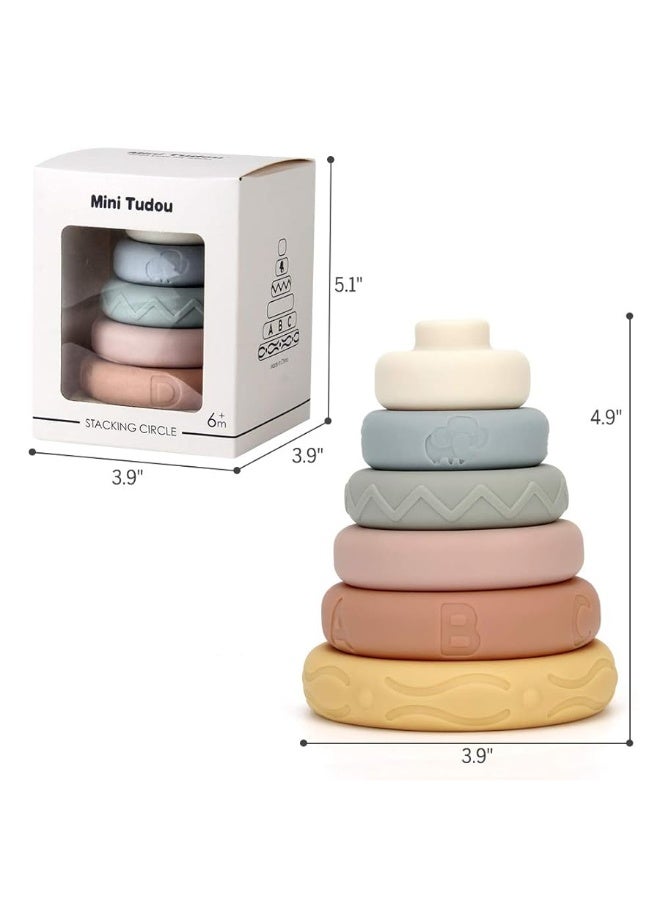 Mini Tudou 6 PCS Baby Stacking & Nesting Toys, Soft Stacking Blocks Ring Stacker, Baby Sensory Teether Toys with Letter, Animal and Shape, Early Learning Toys for Babies Toddlers Kids 6 Months
