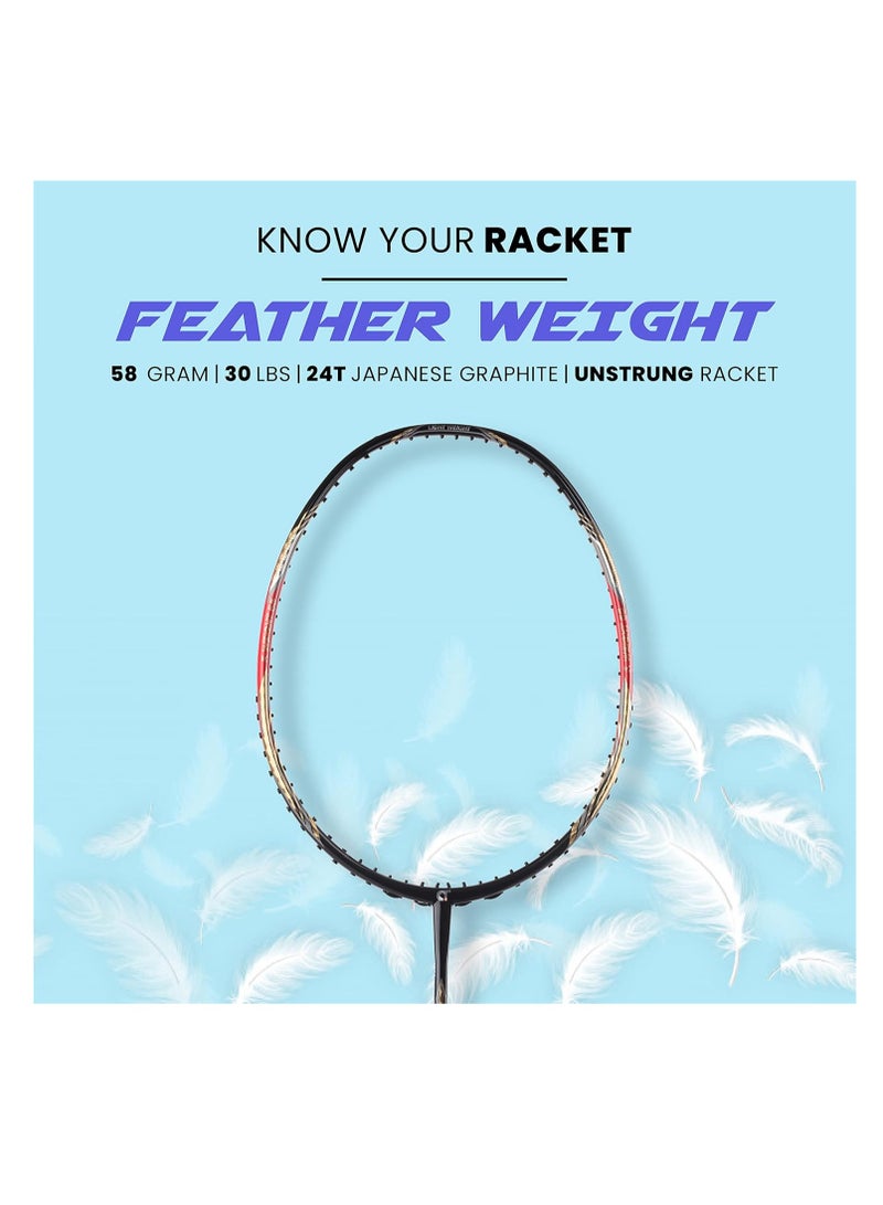 Feather Weight 55 (58 Grams, World's lightest) Made in Vietnam | 40T Japanese Graphite Unstrung Badminton Racket with Free Full Cover | G2-4 1/8 inches