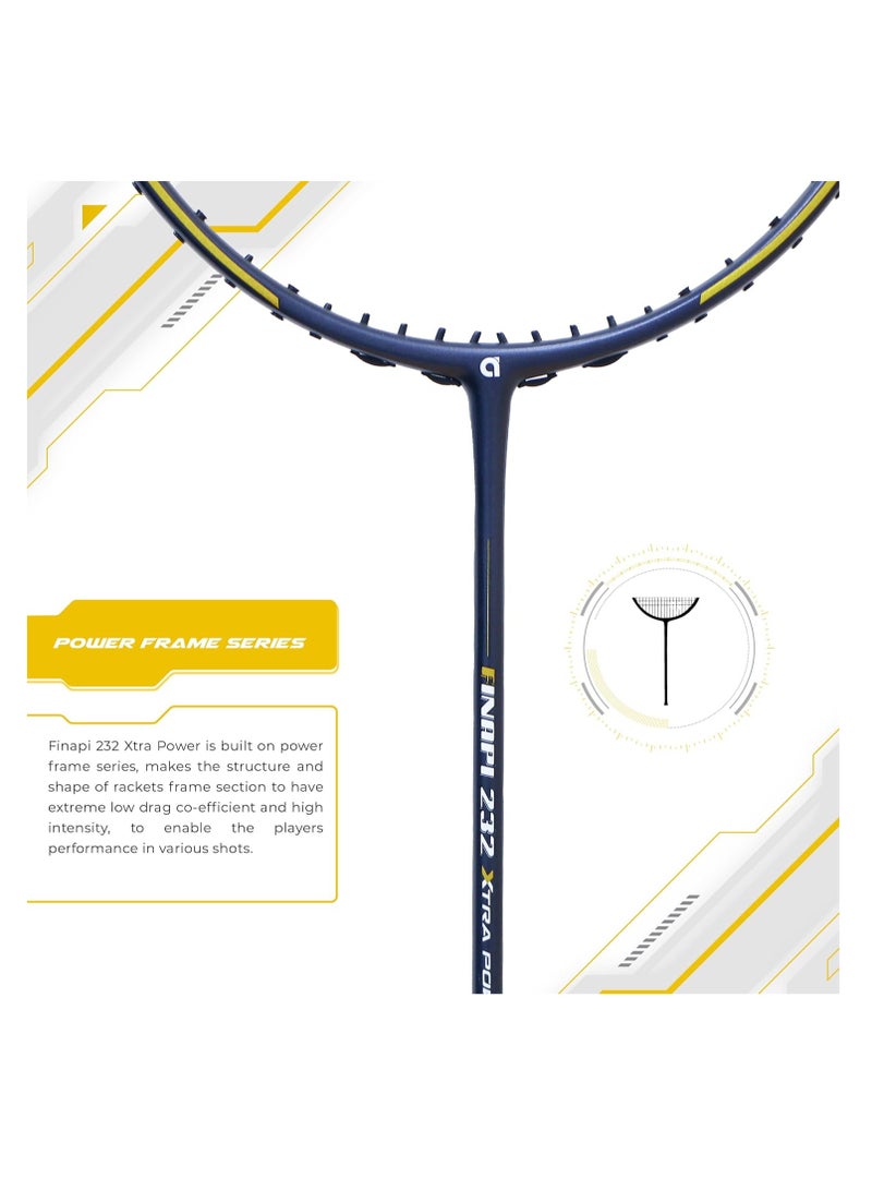 Finapi 232 Xtra Power (40LBS, 100% Top Grade UHM Japanese Graphite) Extra Strong Professional Unstrung Badminton Racket with Free Full Cover (Navy Gold)