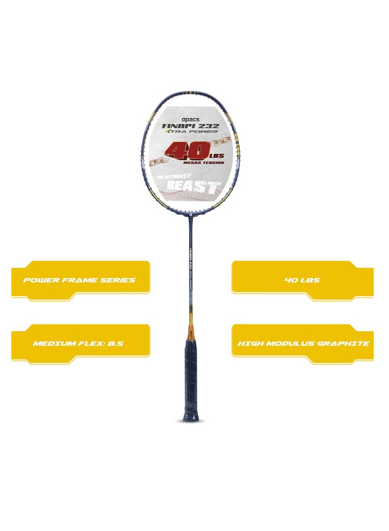 Finapi 232 Xtra Power (40LBS, 100% Top Grade UHM Japanese Graphite) Extra Strong Professional Unstrung Badminton Racket with Free Full Cover (Navy Gold)