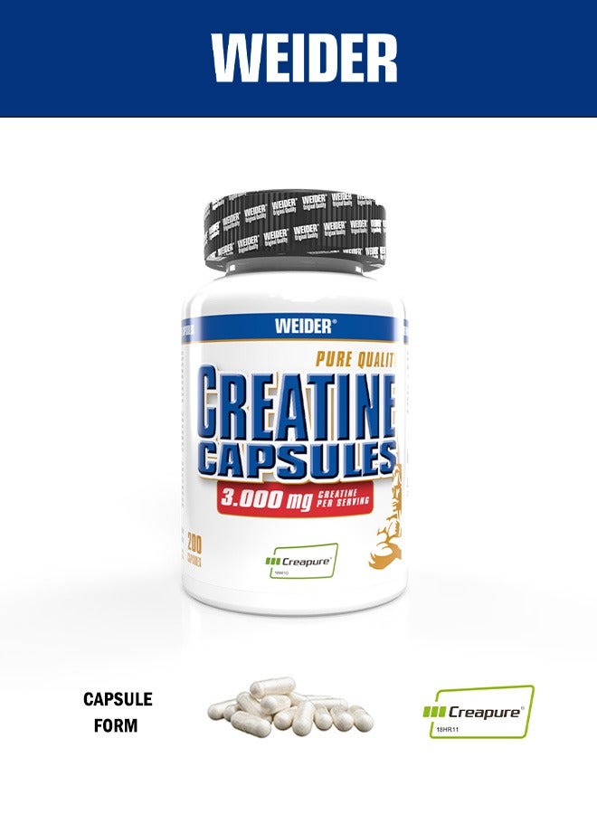 Creatine Capsules 3.000mg Creatine per Servings, (Creapure) 200 Capsules