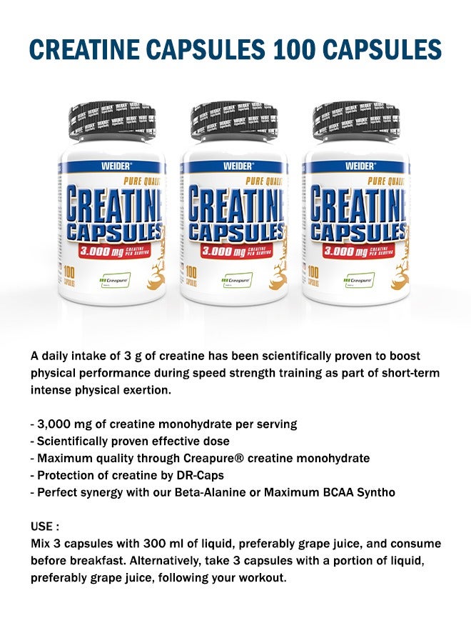 Creatine Capsules 3.000mg Creatine per Servings, (Creapure) 100 Capsules