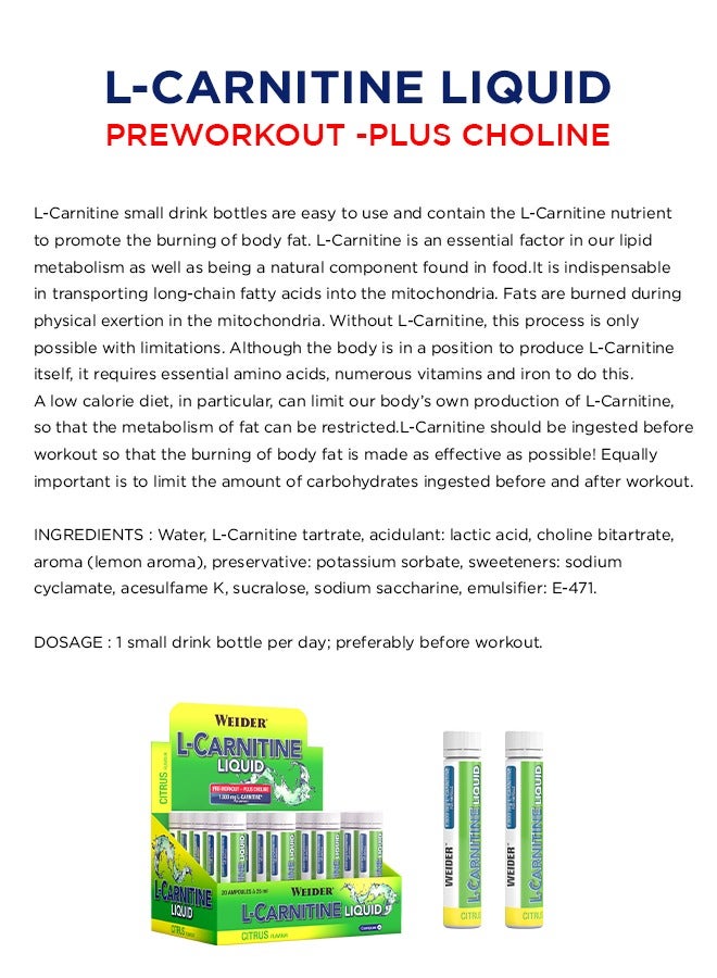 L-Carnitine liquid, Pre workout, Plus choline, 1.800 mg L-carnitine, 20 Ampoules x 25 ml, Citrus flavour