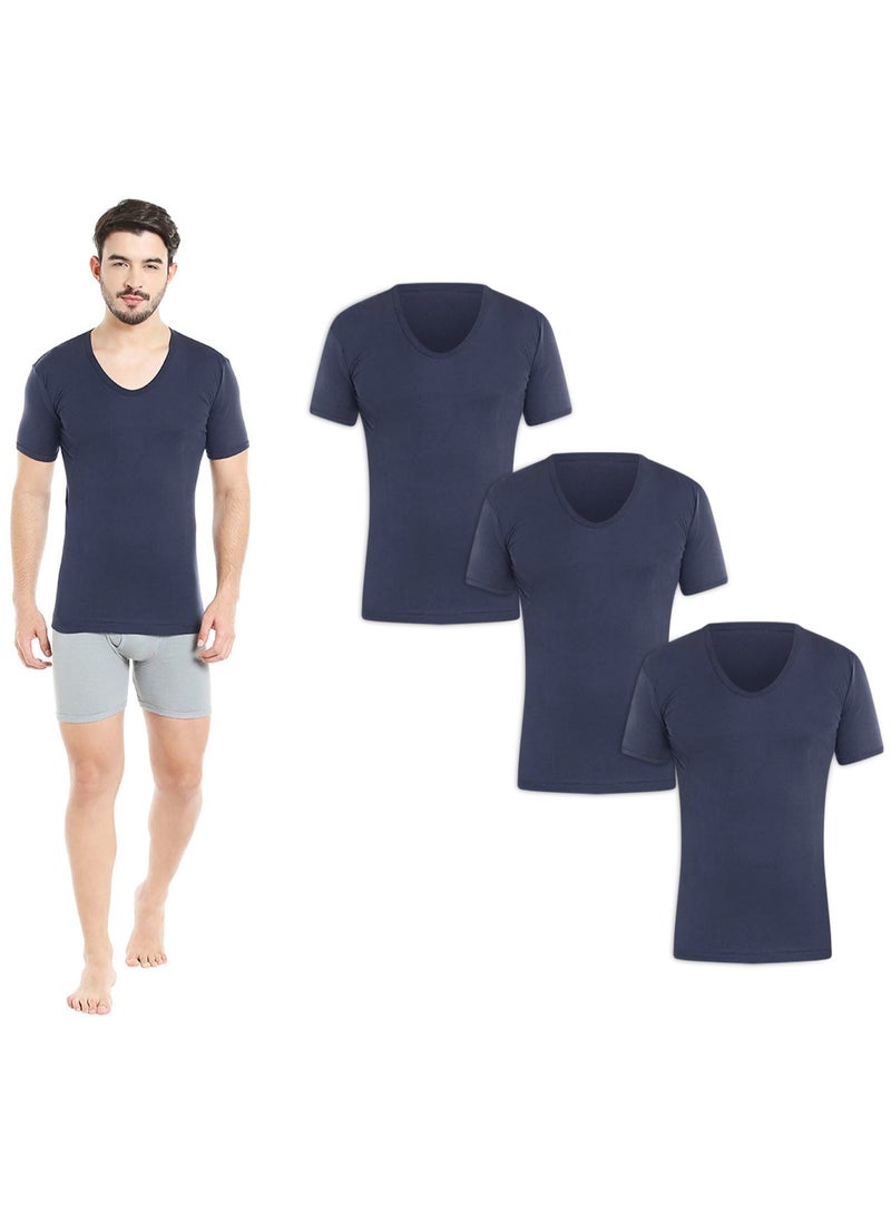 MEN'S U-NECK COTTON UNDERSHIRT (PACK OF 3) - NAVY BLUE