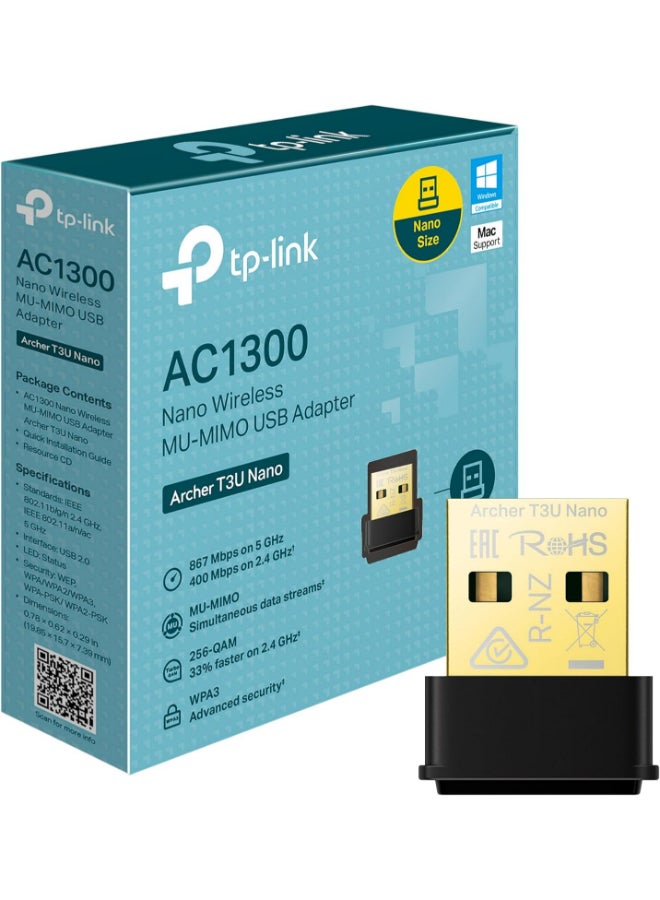 AC1300 Nano Wireless MU-MIMO USB 2.0 Adapter, Dual-Band, Miniature Design, Supports Windows 10/8.1/8/7, Mac OS 10.15 and earlier, Highly Secure WPA3, Easy Setup (Archer T3U Nano)