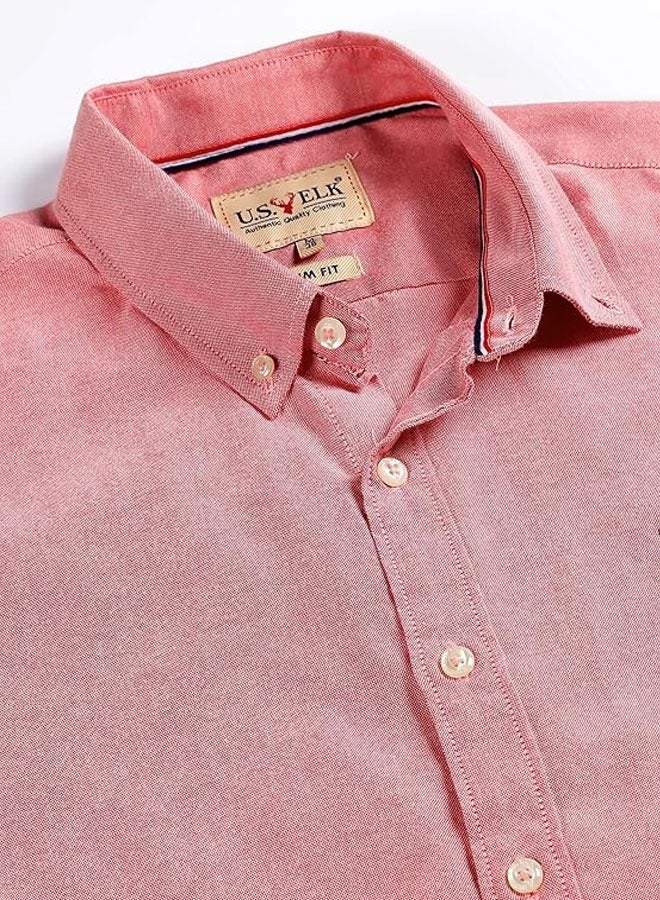 U.S. ELK Men's Button Down Shirt | Casual Slim Fit, Long Sleeve Oxford Shirts For Men | Smart Fit Cuff - Oxford Red