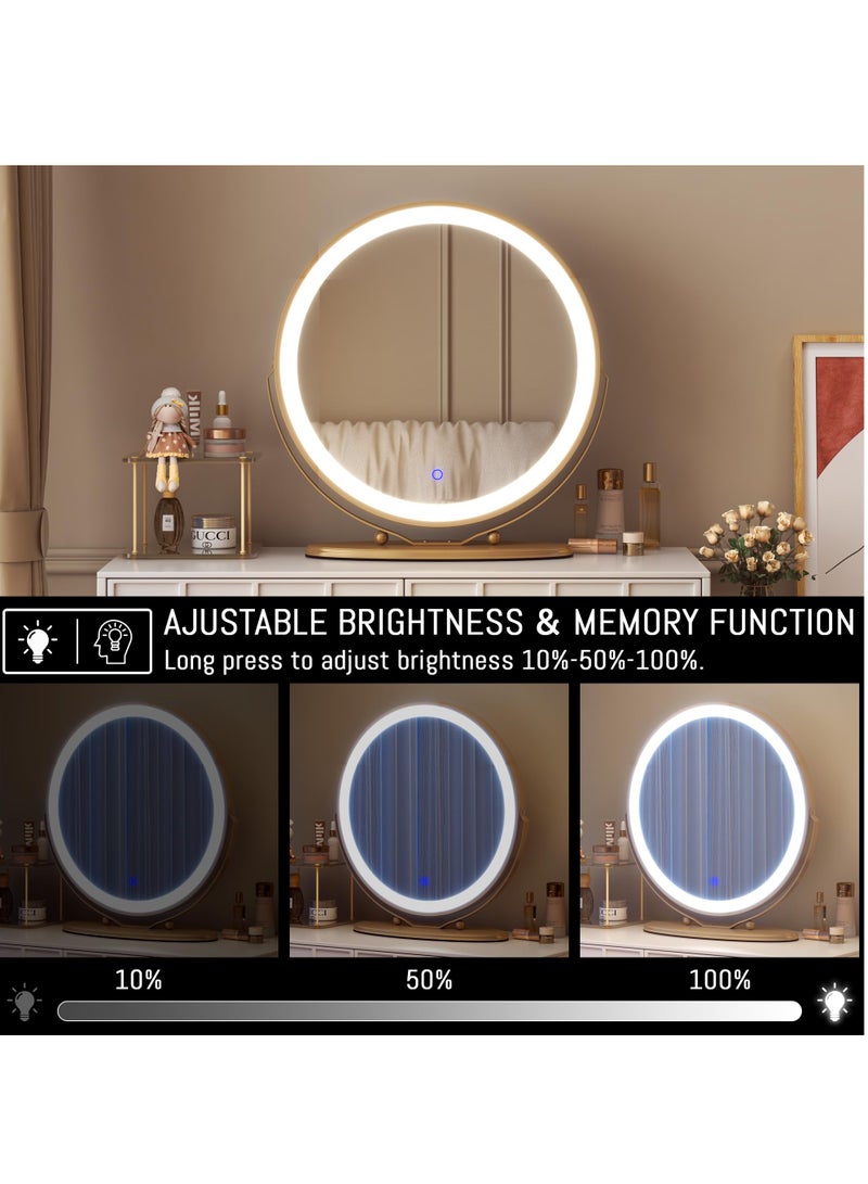 50cm Vanity Makeup Mirror with Lights, 3 Color Lighting Dimmable LED Mirror, Touch Control, 360°Rotation, High-Definition Large Round Lighted Up Mirror for Bedroom Table Desk,Golden