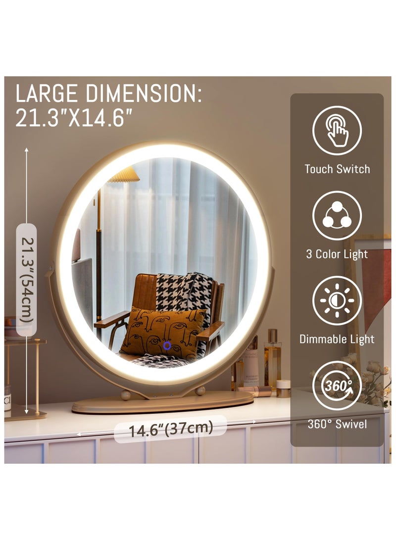 50cm Vanity Makeup Mirror with Lights, 3 Color Lighting Dimmable LED Mirror, Touch Control, 360°Rotation, High-Definition Large Round Lighted Up Mirror for Bedroom Table Desk,Golden