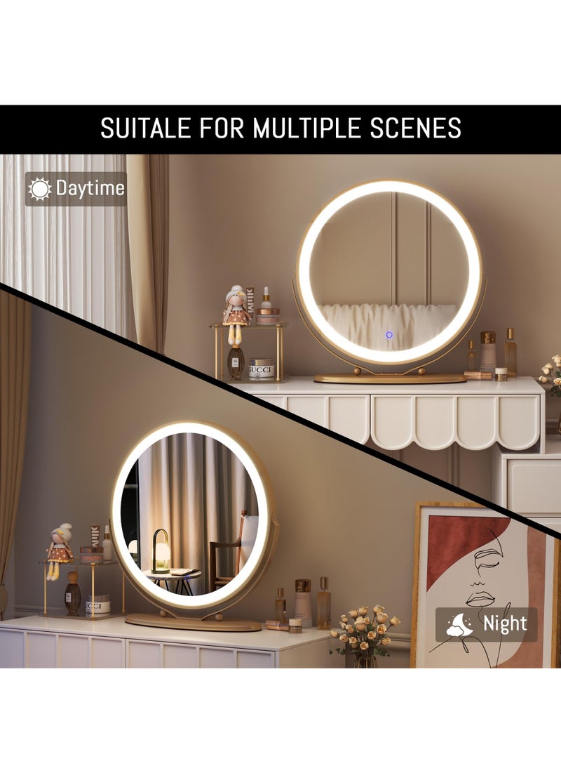 50cm Vanity Makeup Mirror with Lights, 3 Color Lighting Dimmable LED Mirror, Touch Control, 360°Rotation, High-Definition Large Round Lighted Up Mirror for Bedroom Table Desk,Golden