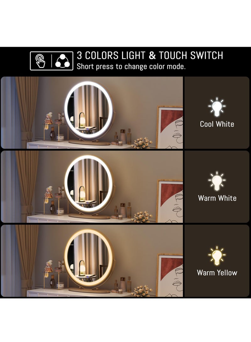 50cm Vanity Makeup Mirror with Lights, 3 Color Lighting Dimmable LED Mirror, Touch Control, 360°Rotation, High-Definition Large Round Lighted Up Mirror for Bedroom Table Desk,Golden