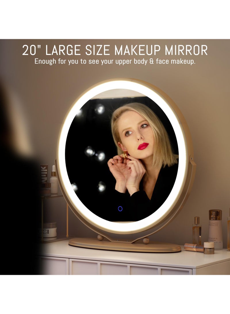 50cm Vanity Makeup Mirror with Lights, 3 Color Lighting Dimmable LED Mirror, Touch Control, 360°Rotation, High-Definition Large Round Lighted Up Mirror for Bedroom Table Desk,Golden