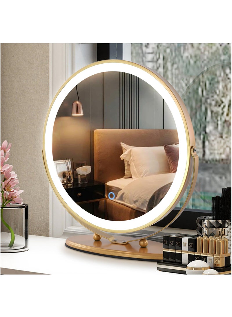 50cm Vanity Makeup Mirror with Lights, 3 Color Lighting Dimmable LED Mirror, Touch Control, 360°Rotation, High-Definition Large Round Lighted Up Mirror for Bedroom Table Desk,Golden