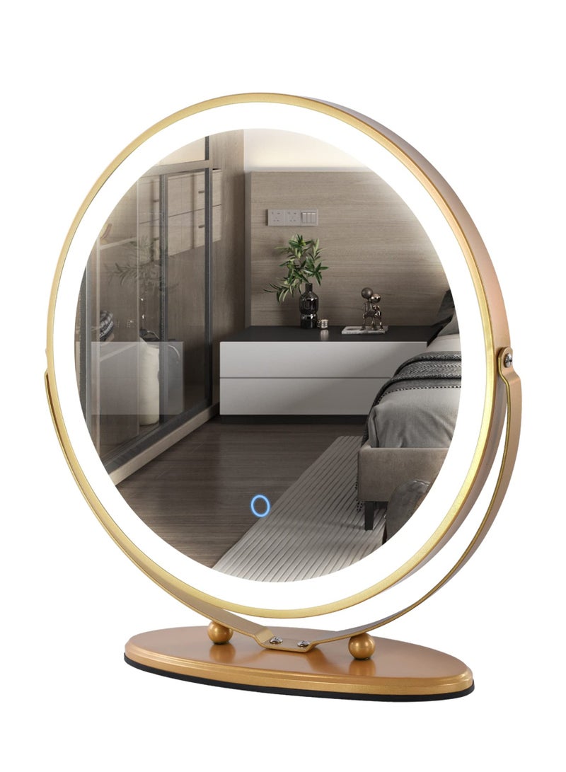 50cm Vanity Makeup Mirror with Lights, 3 Color Lighting Dimmable LED Mirror, Touch Control, 360°Rotation, High-Definition Large Round Lighted Up Mirror for Bedroom Table Desk,Golden