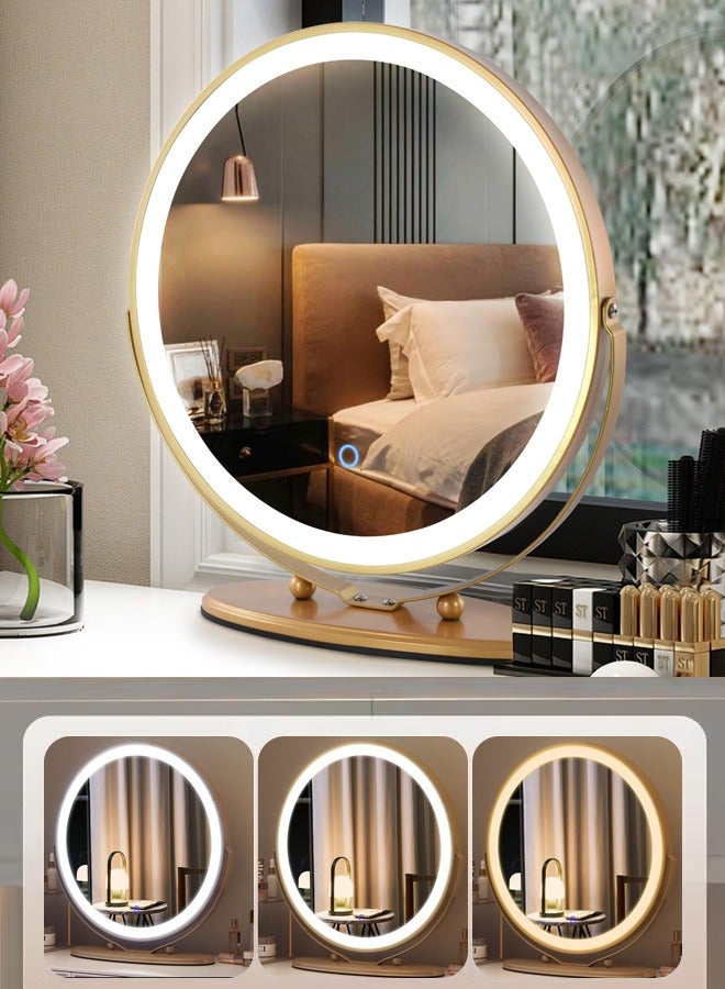 50cm Vanity Makeup Mirror with Lights, 3 Color Lighting Dimmable LED Mirror, Touch Control, 360°Rotation, High-Definition Large Round Lighted Up Mirror for Bedroom Table Desk,Golden