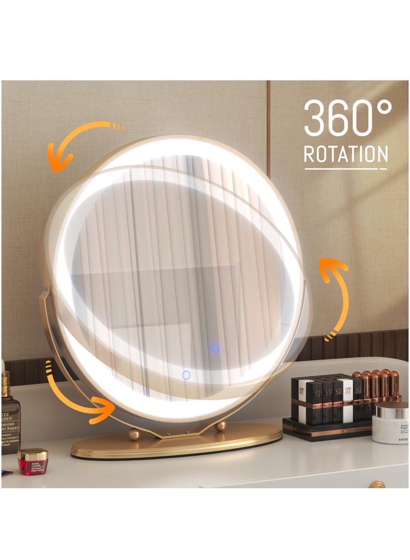 50cm Vanity Makeup Mirror with Lights, 3 Color Lighting Dimmable LED Mirror, Touch Control, 360°Rotation, High-Definition Large Round Lighted Up Mirror for Bedroom Table Desk,Golden